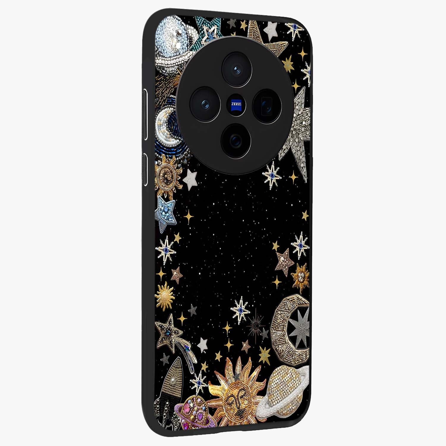 Galactic Jewel Stars Glass Case upright view showcasing glittering star jewel artwork with vibrant galaxy theme.
