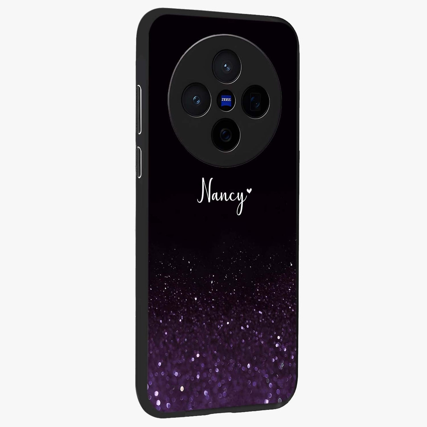 Glittery Purple Bokeh Custom Name Glass Case upright view showcasing vibrant purple sparkle artwork with personalized aesthetic style.