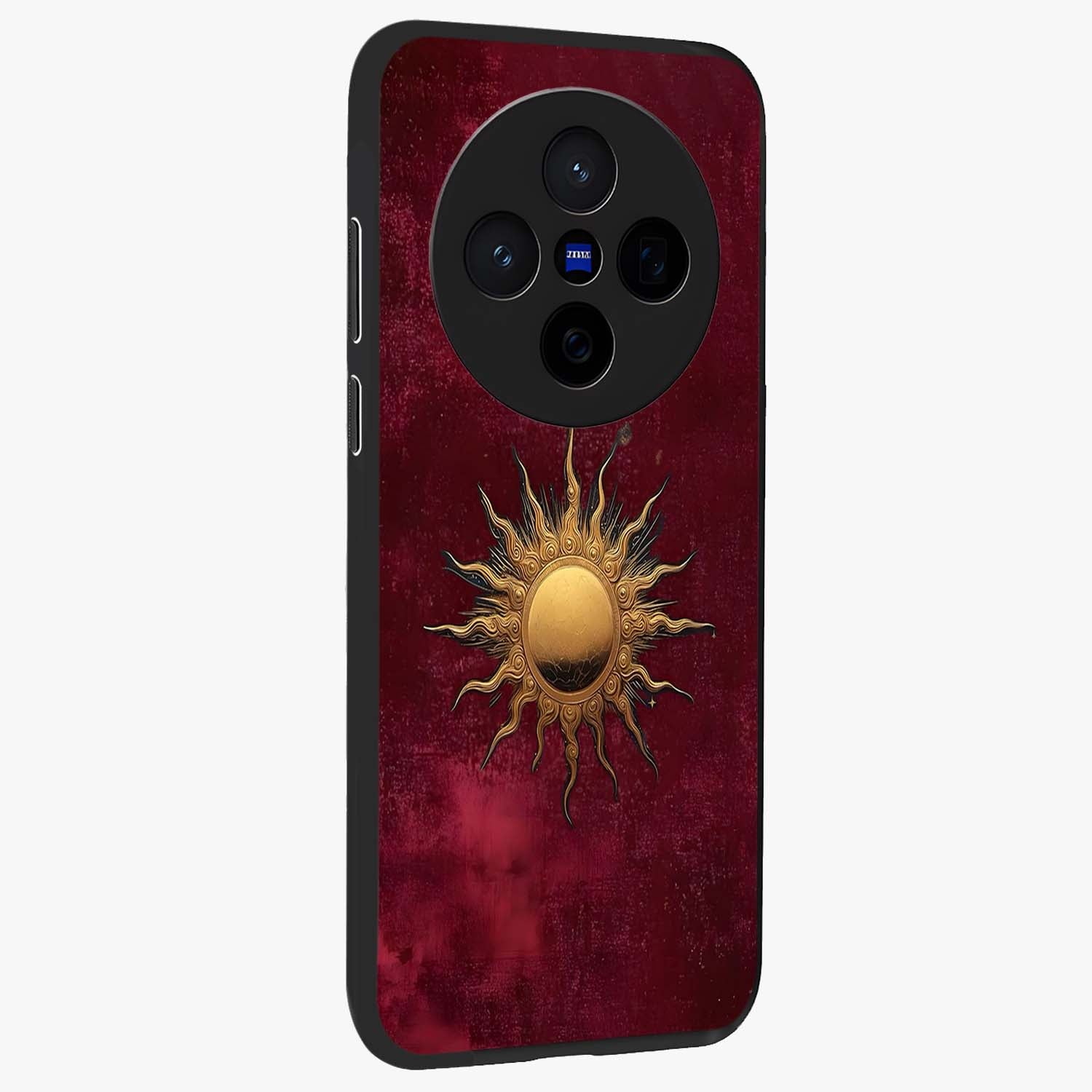 Golden Sun Minimalism Glass Case upright view showcasing simple golden sun artwork with elegant minimalist style.