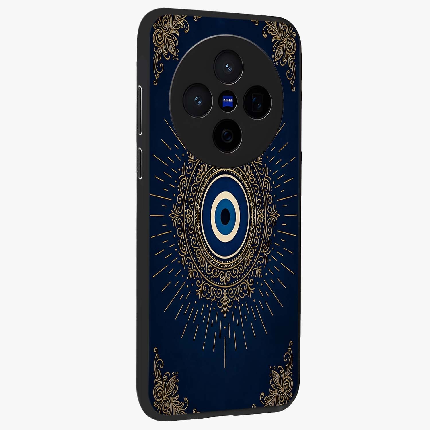 Golden Celestial Charm Glass Case upright view showcasing radiant celestial artwork with elegant golden theme.