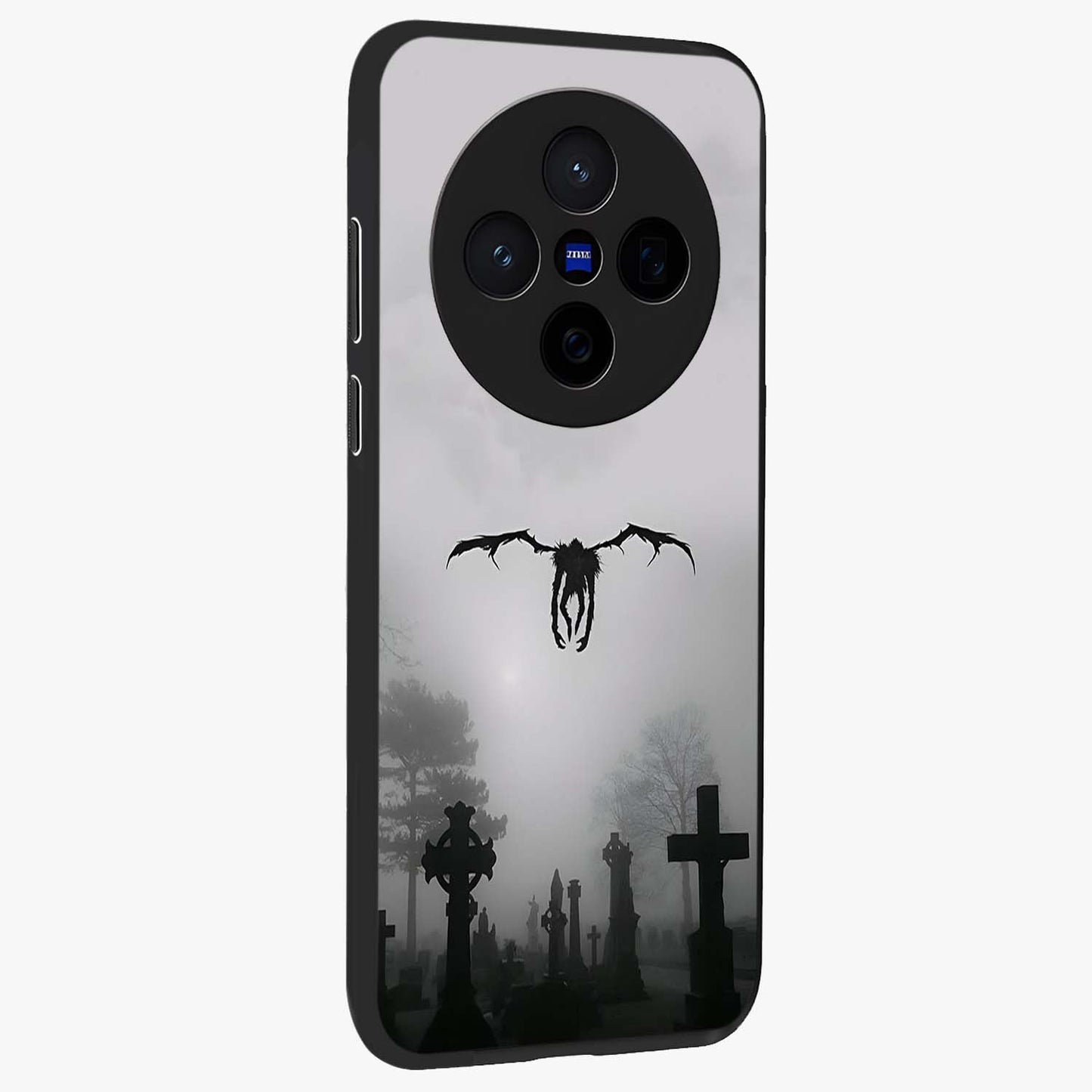 Graveyard Shadow Descent Glass Case upright view showcasing haunting graveyard artwork with dramatic dark theme.