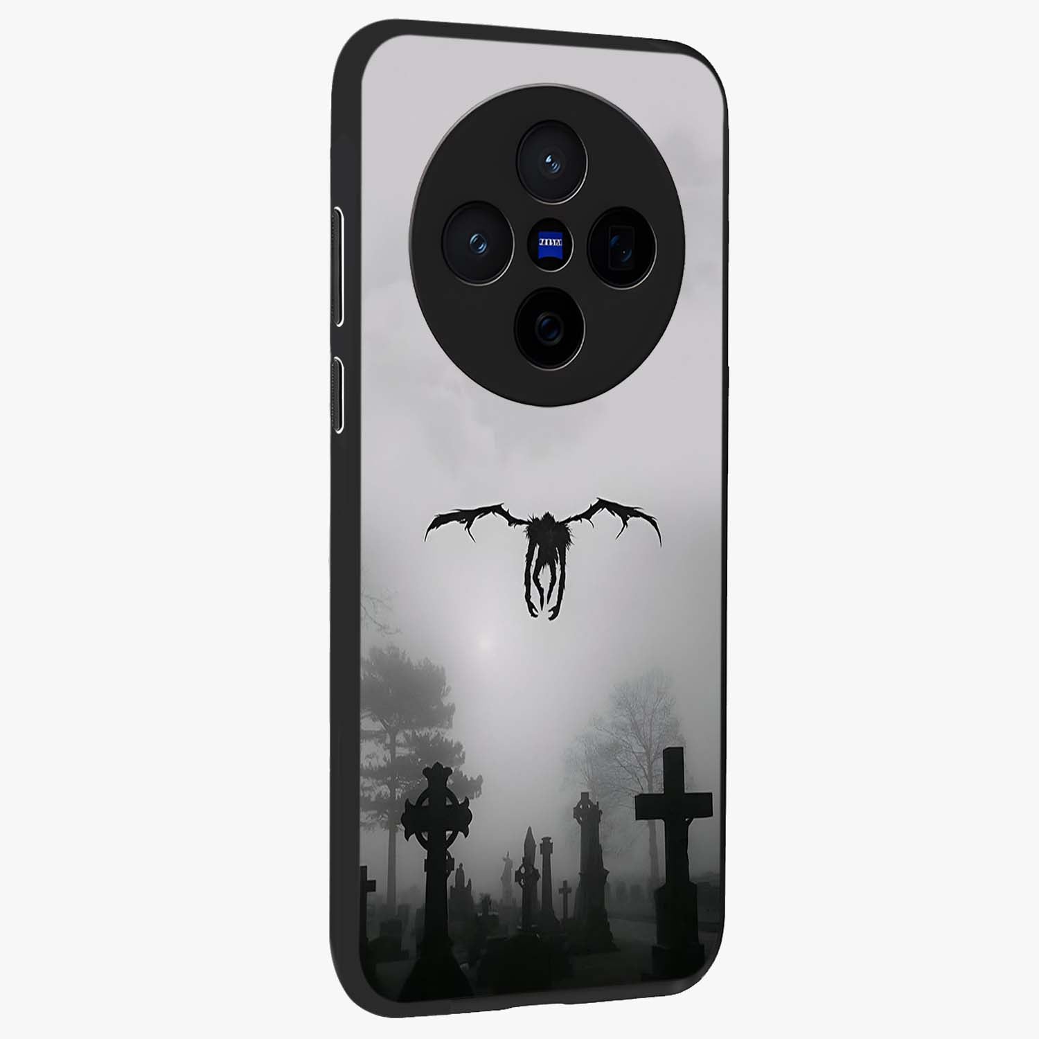 Graveyard Shadow Descent Glass Case upright view showcasing haunting graveyard artwork with dramatic dark theme.