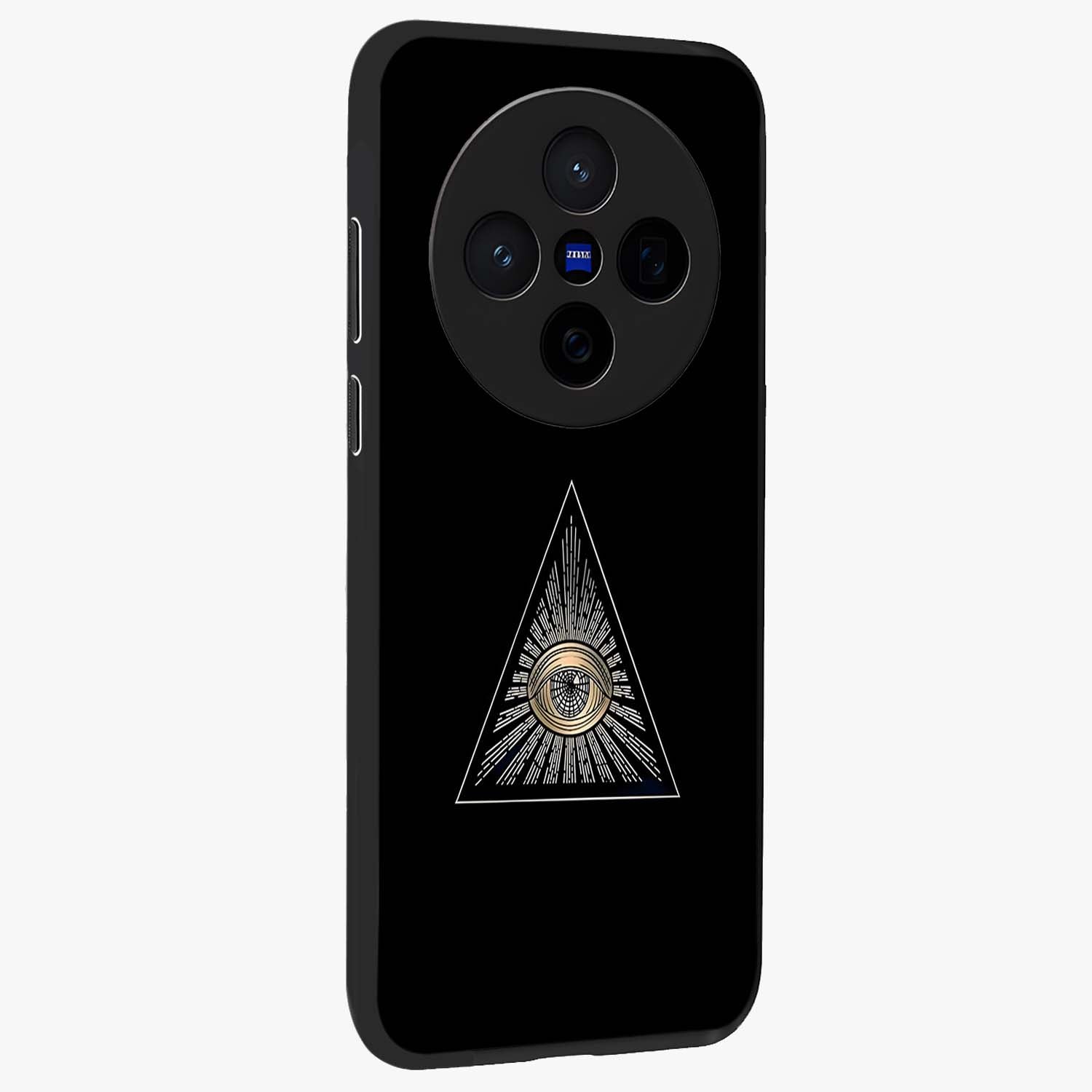 Illuminati Evil Glass Case upright view showcasing striking illuminati artwork with mysterious symbolic theme.