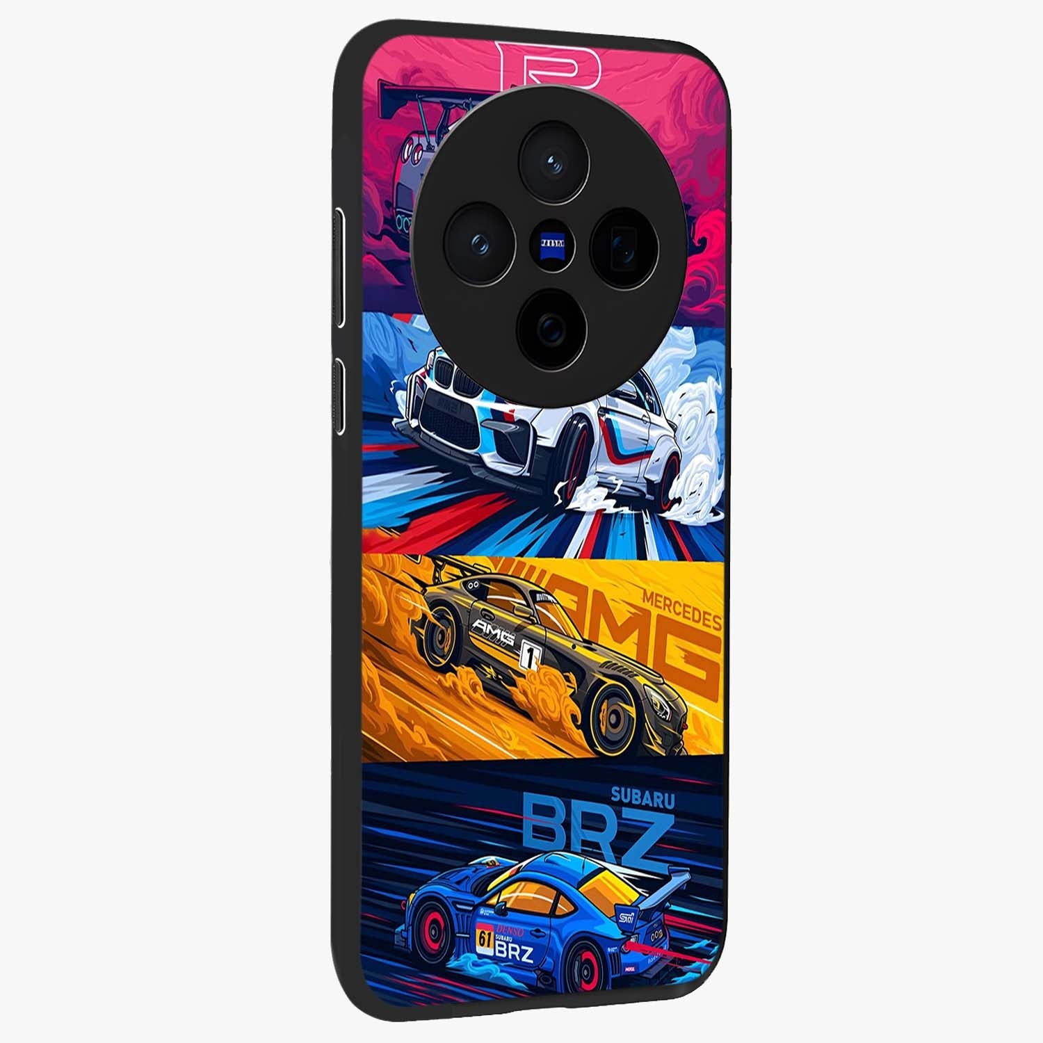 JDM Sports Car Glass Case upright view showcasing dynamic sports car artwork with bold racing theme.