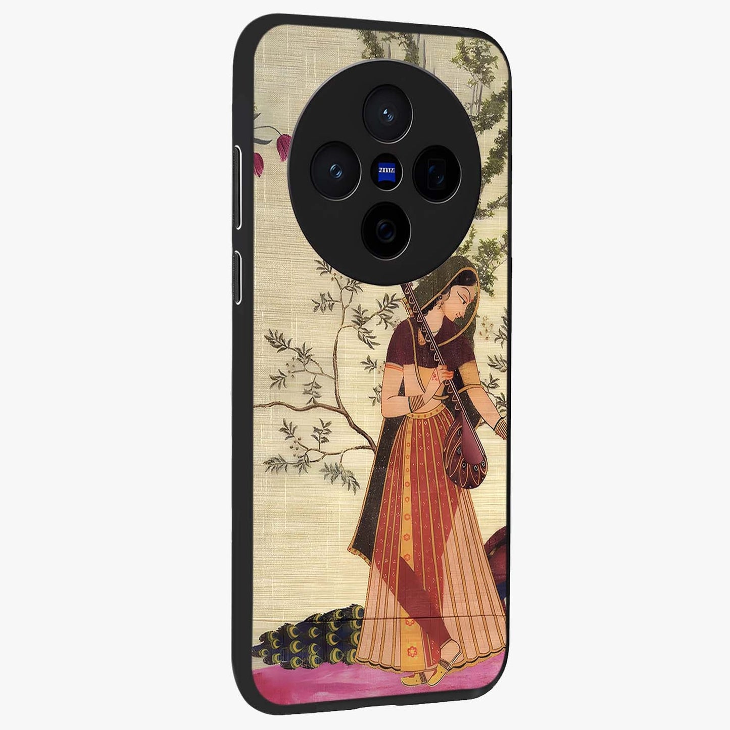 Lady With Veena Art Glass Case upright view showcasing classical veena artwork with traditional artistic theme.