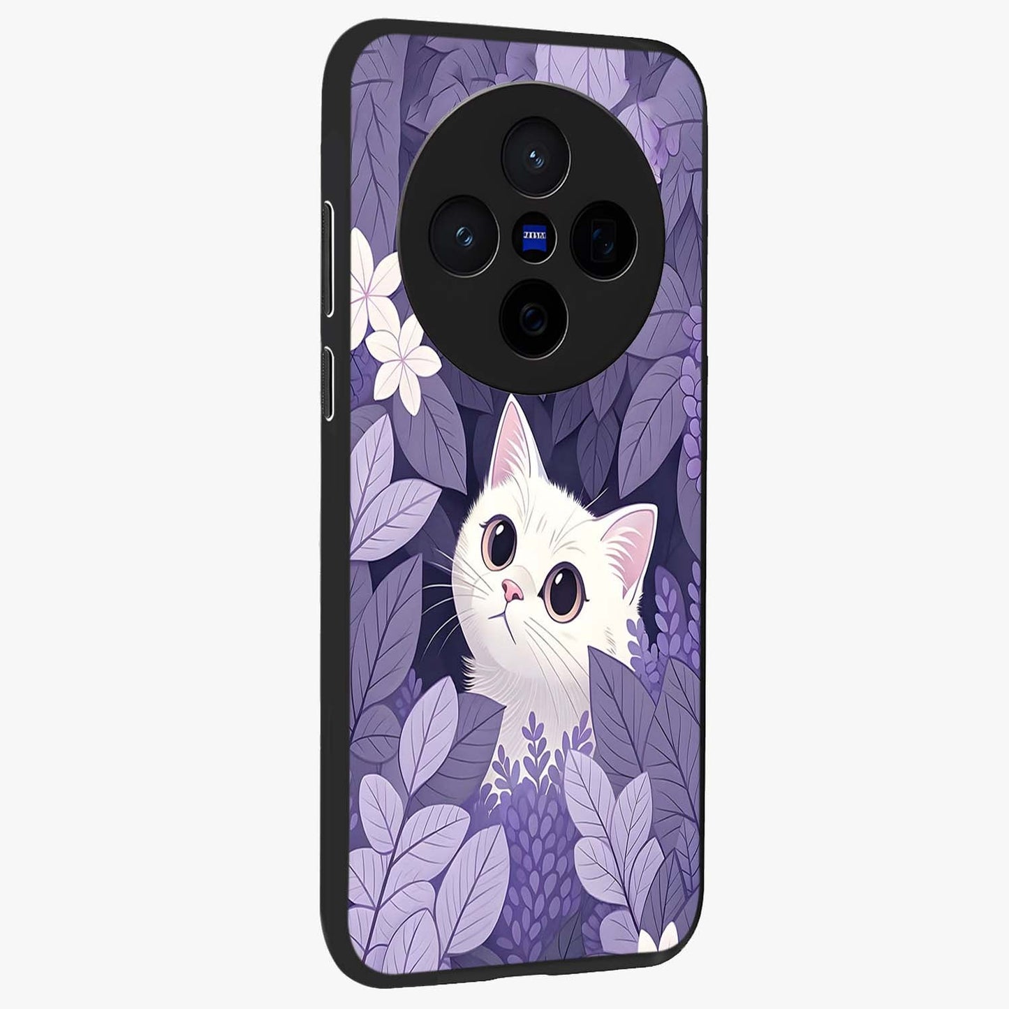 Lilac Hide Peek Cat Glass Case upright view showcasing charming cat artwork with adorable peek theme.