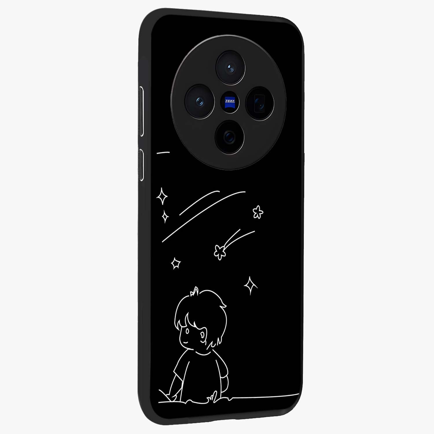 Line Art Boy With Shooting Stars Glass Case upright view showcasing artistic shooting star illustration with minimal style.