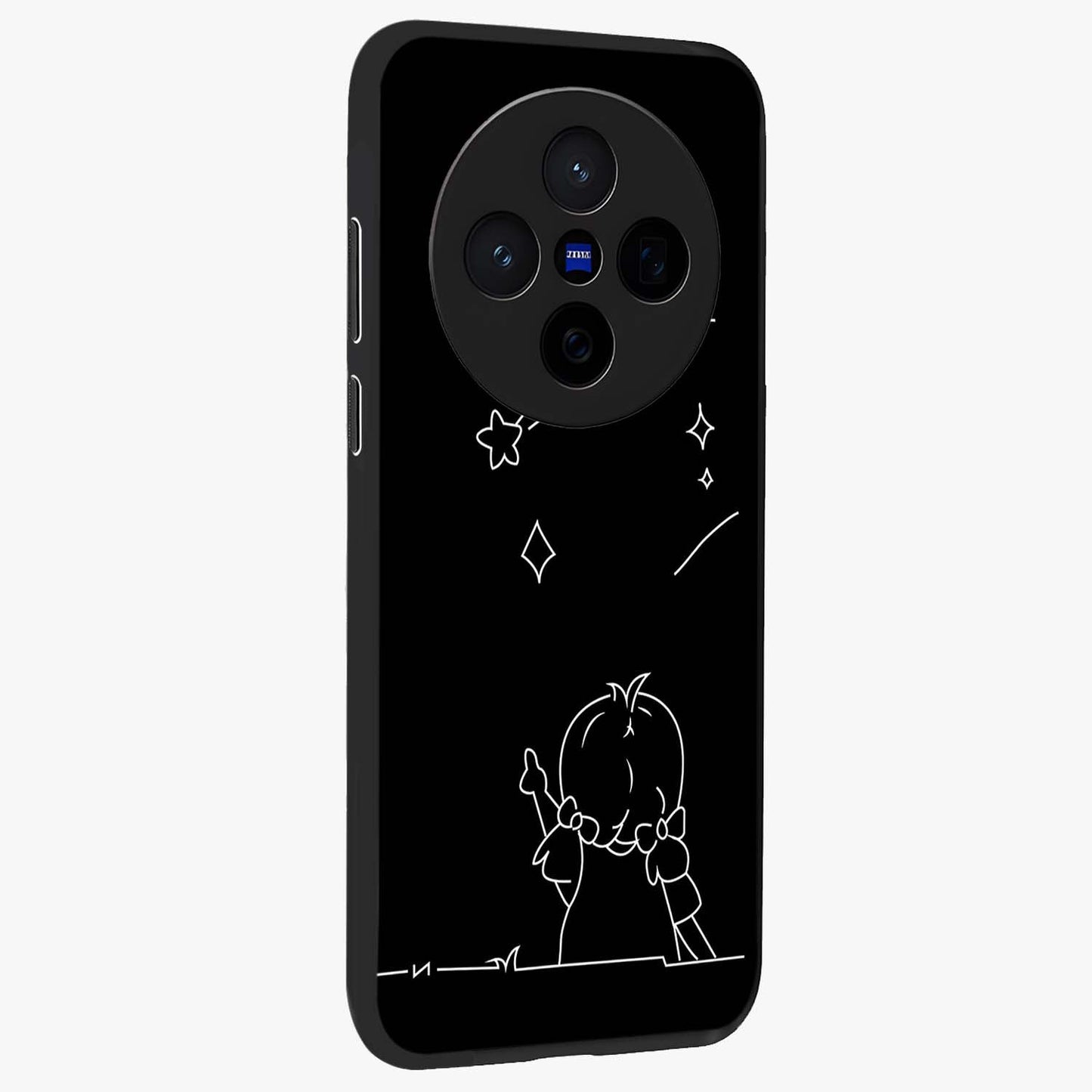 Line Art Girl With Shooting Stars Glass Case upright view showcasing delicate shooting stars artwork with minimal artistic theme.