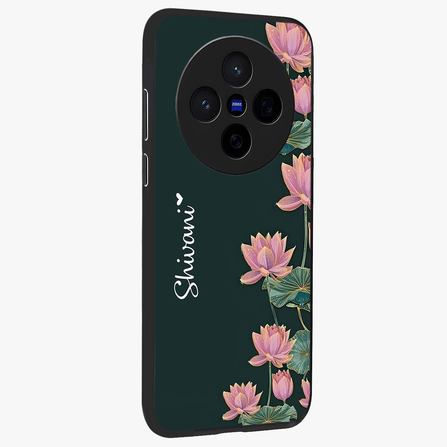 Lotus Bloom Serenity Custom Name Glass Case upright view showcasing serene lotus bloom artwork with personalized floral aesthetic.
