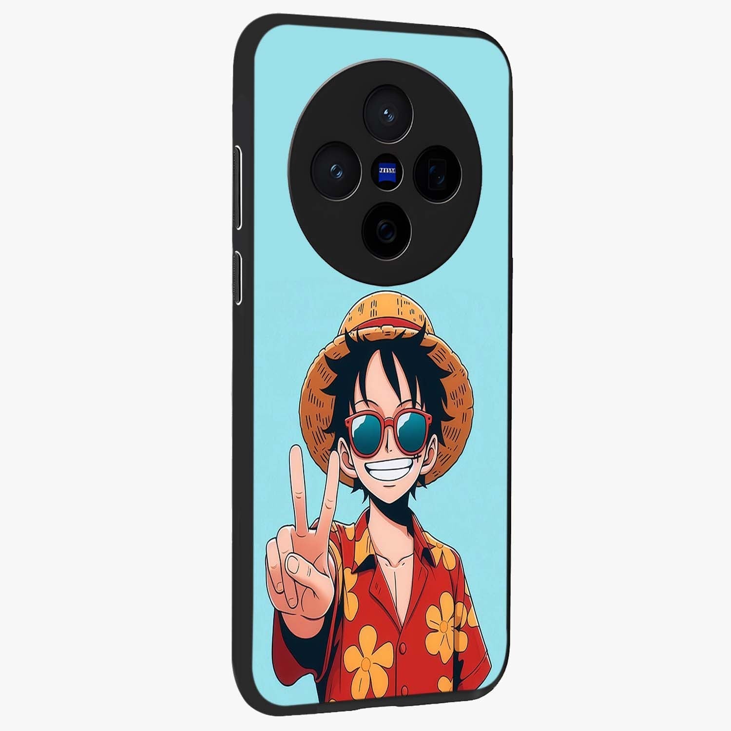 Luffy Summer Anime Vibe Glass Case upright view showcasing dynamic anime artwork with bright adventurous theme.