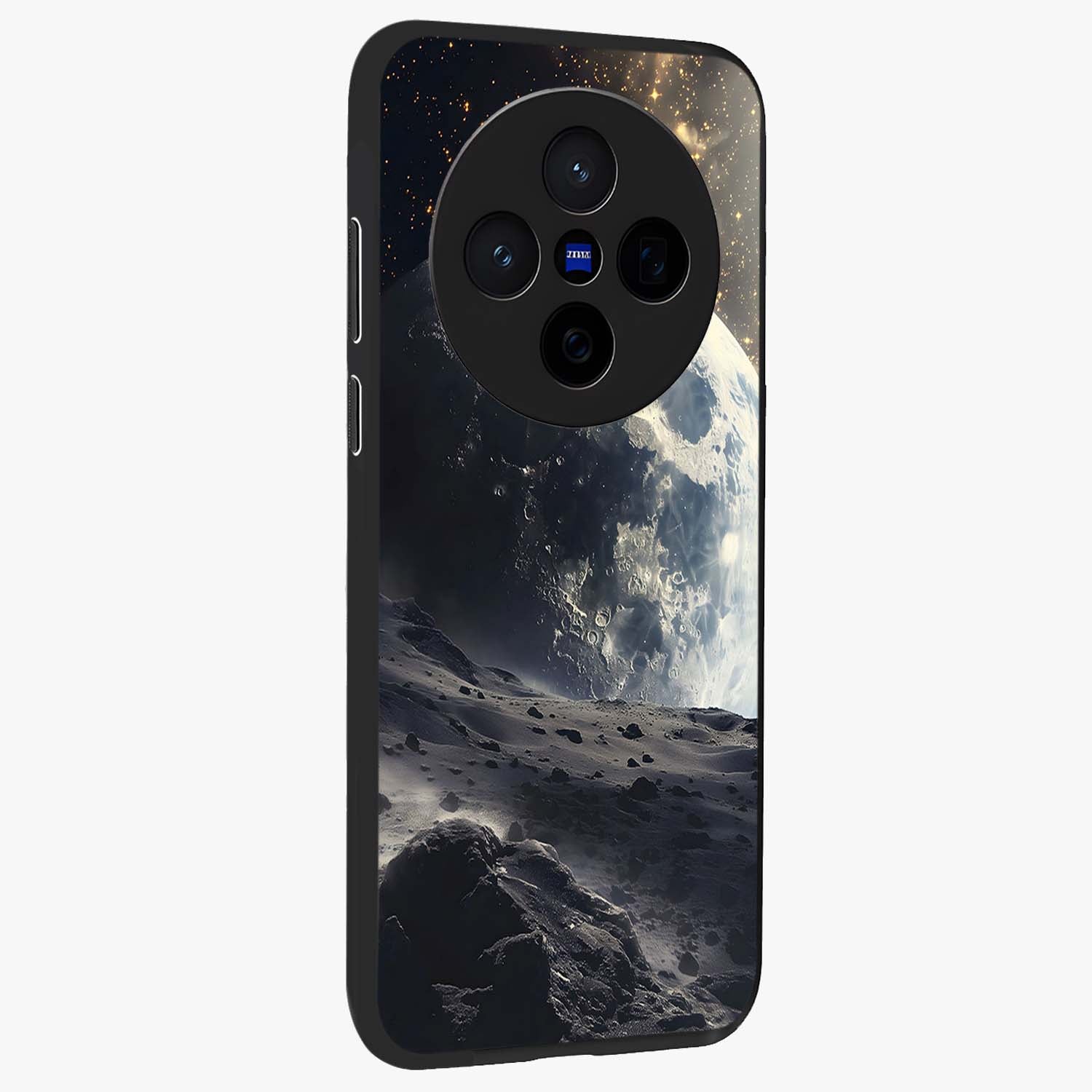 Lunar Horizon Glow Glass Case upright view showcasing radiant lunar artwork with calm cosmic theme.