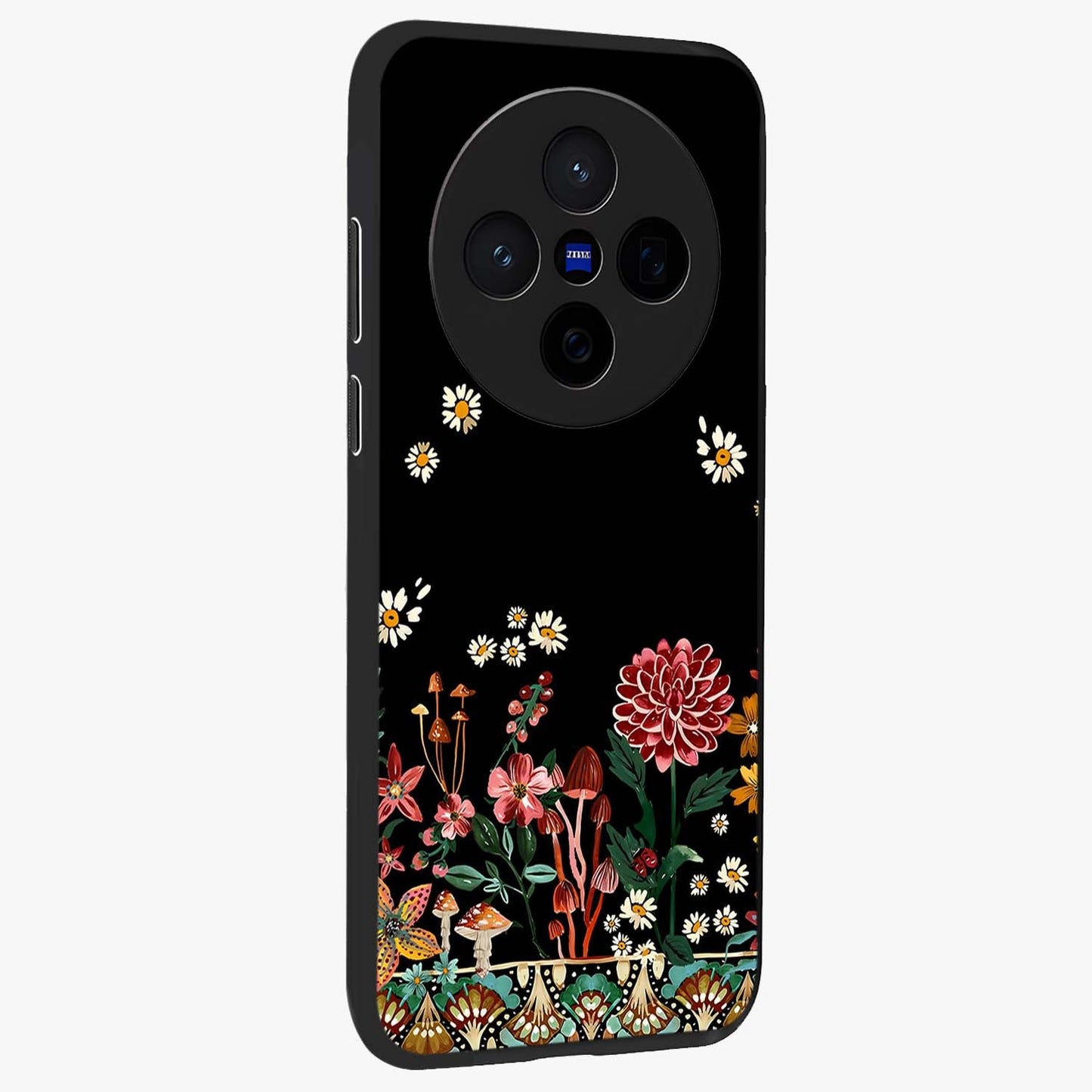 Midnight Bloom Pattern Glass Case upright view showcasing decorative floral artwork with deep night themed palette.