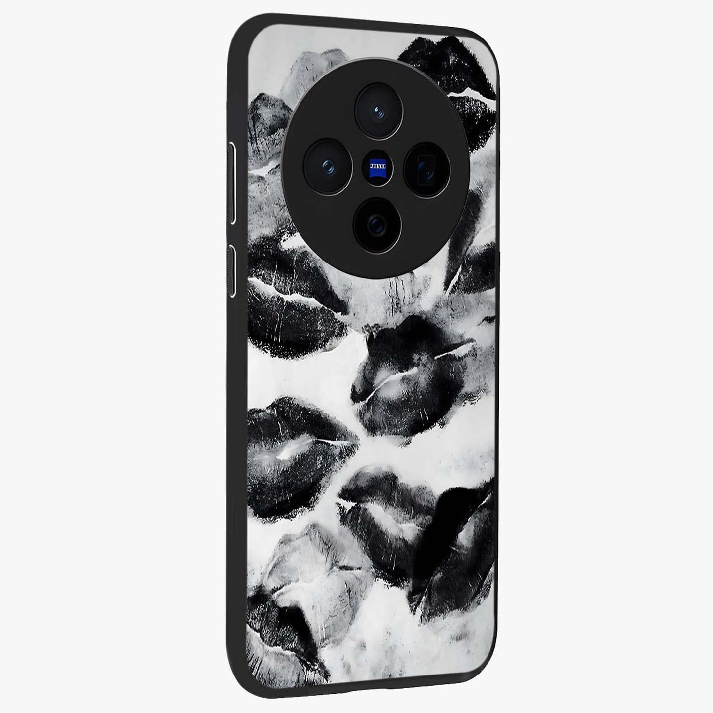 Midnight Kiss Marks Glass Case upright view showcasing stylish kiss mark artwork with trendy romantic theme.