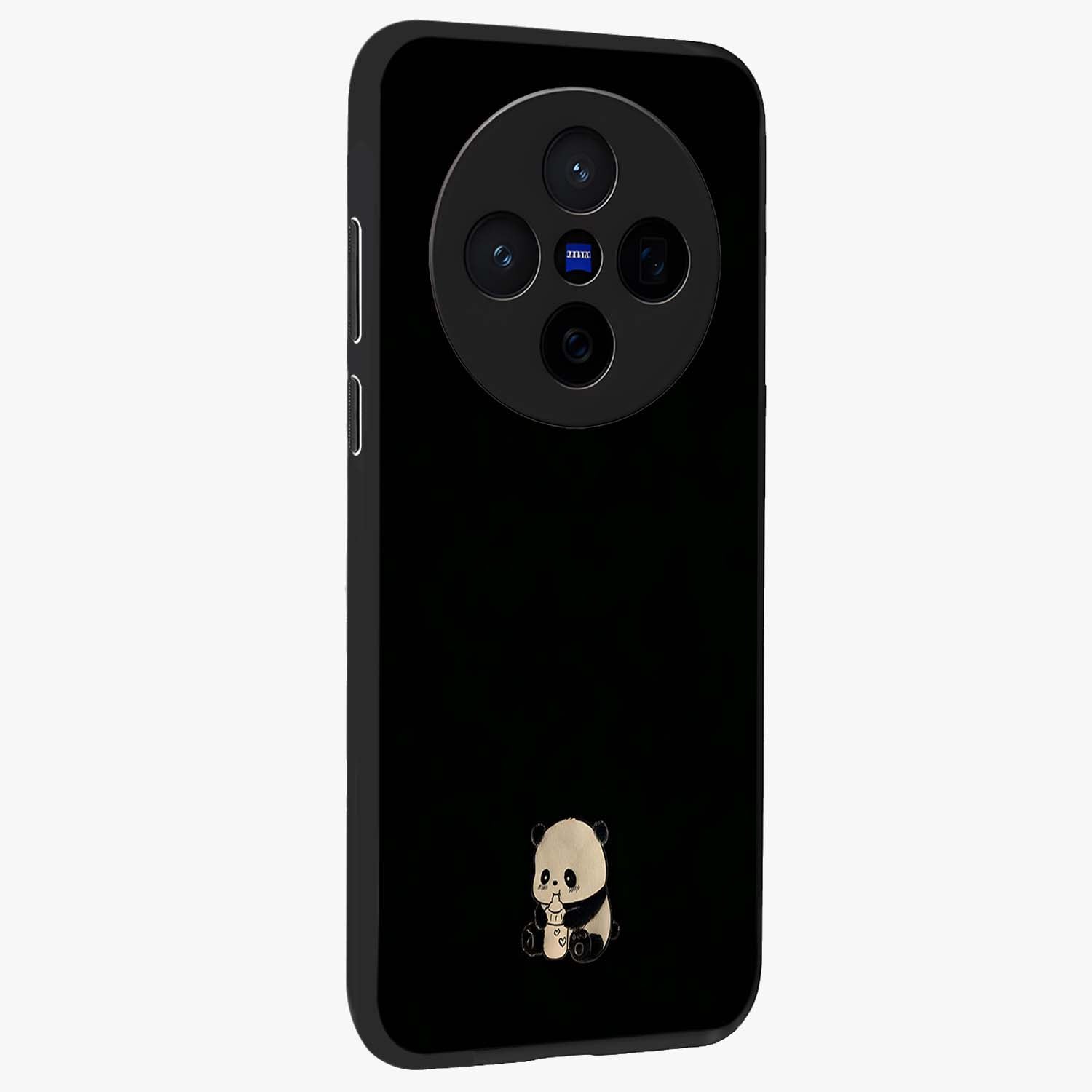 Midnight Panda Love Glass Case upright view showcasing charming panda artwork with playful romantic theme.