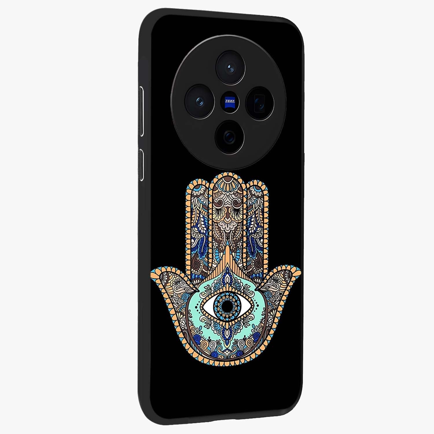 Mystic Hamsa Eye Glass Case upright view showcasing detailed hamsa eye artwork with protective spiritual theme.