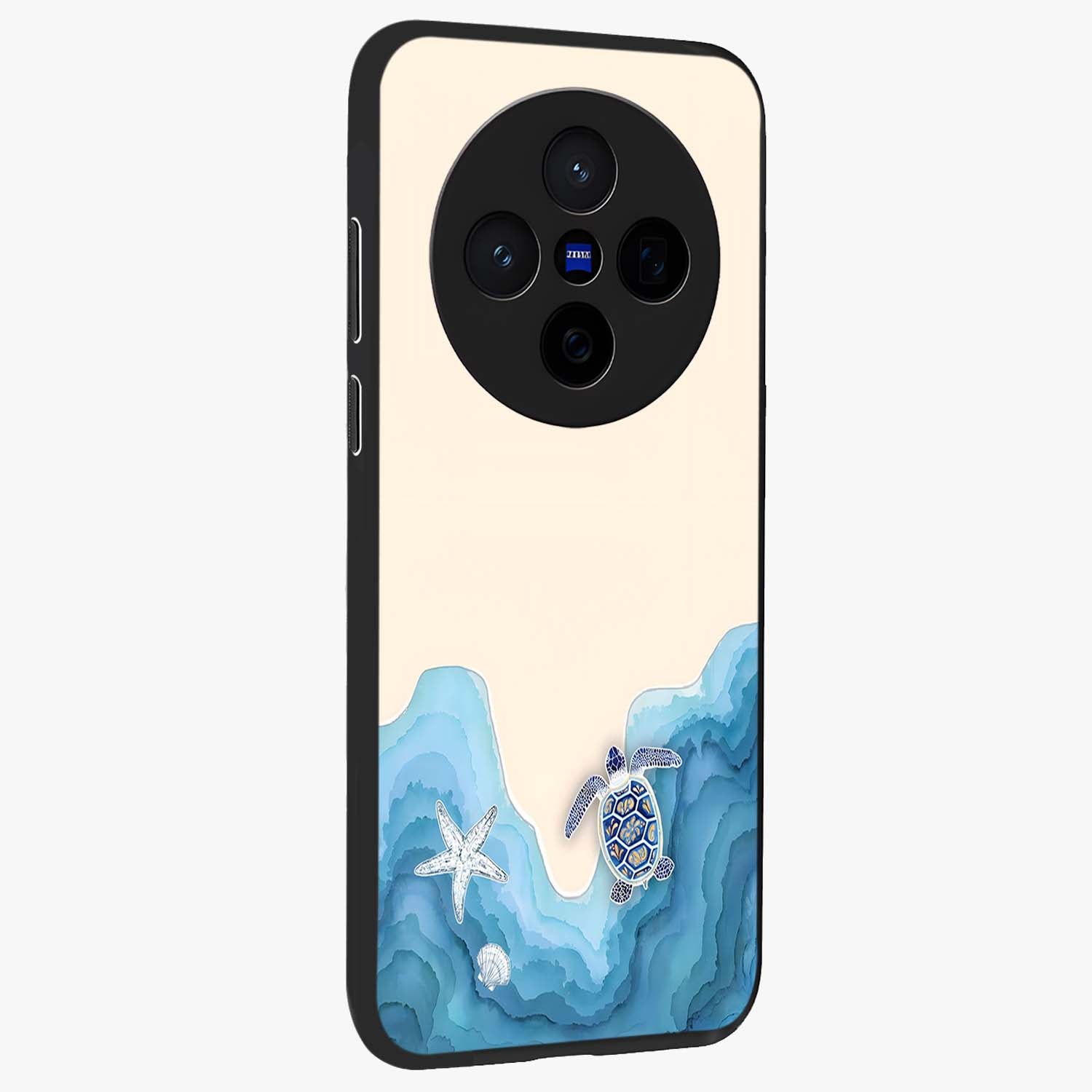 Ocean Drift Turtle Glass Case upright view showcasing calm underwater turtle artwork with nature inspired theme.