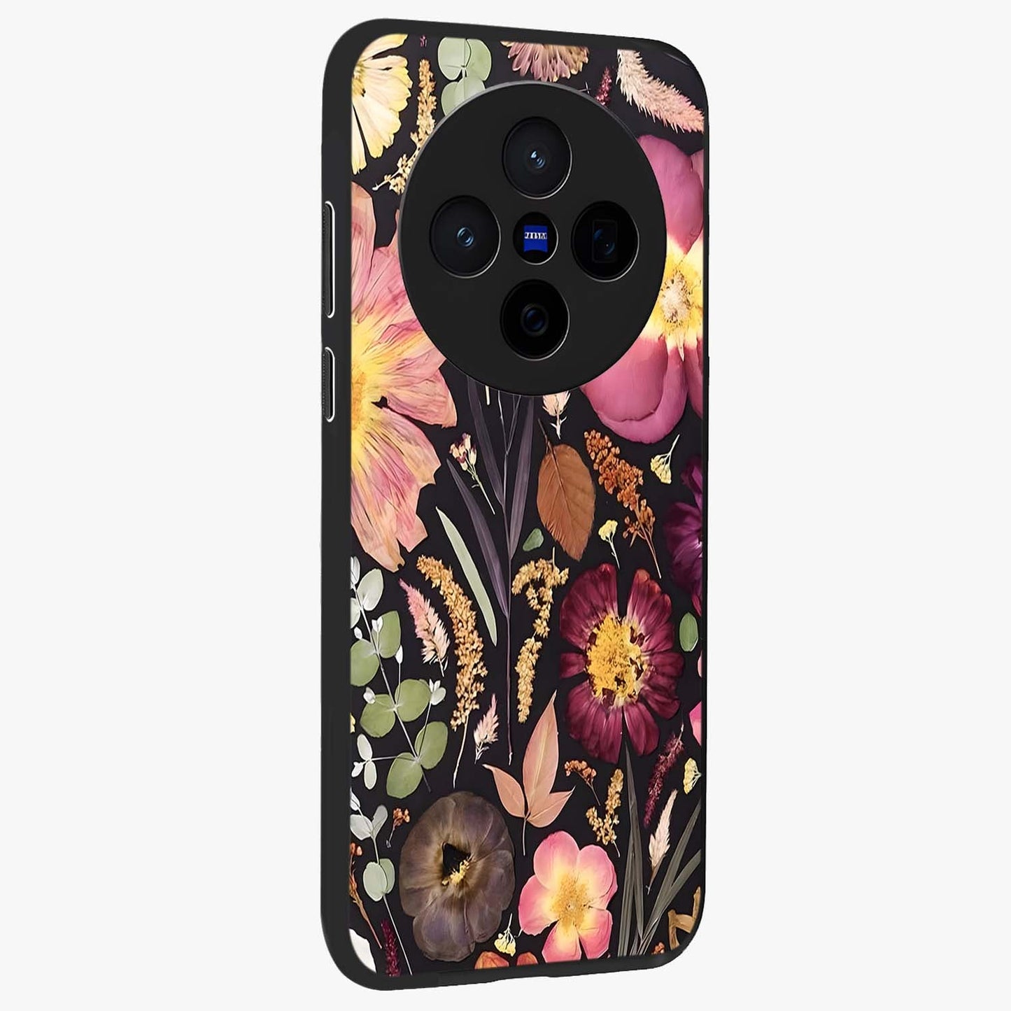 Petal Dream Tapestry Glass Case upright view showcasing detailed floral tapestry artwork with artistic nature theme.