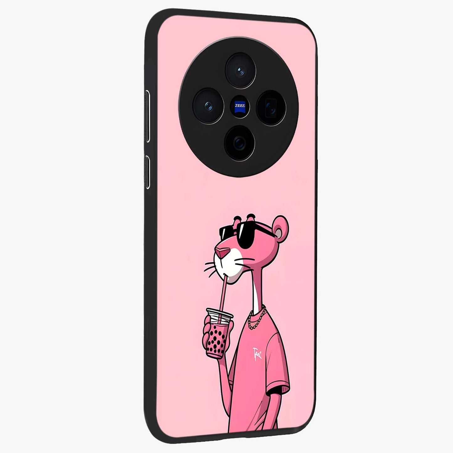 Pink Panther Glass Case upright view showcasing fun animated artwork with stylish retro cartoon theme.
