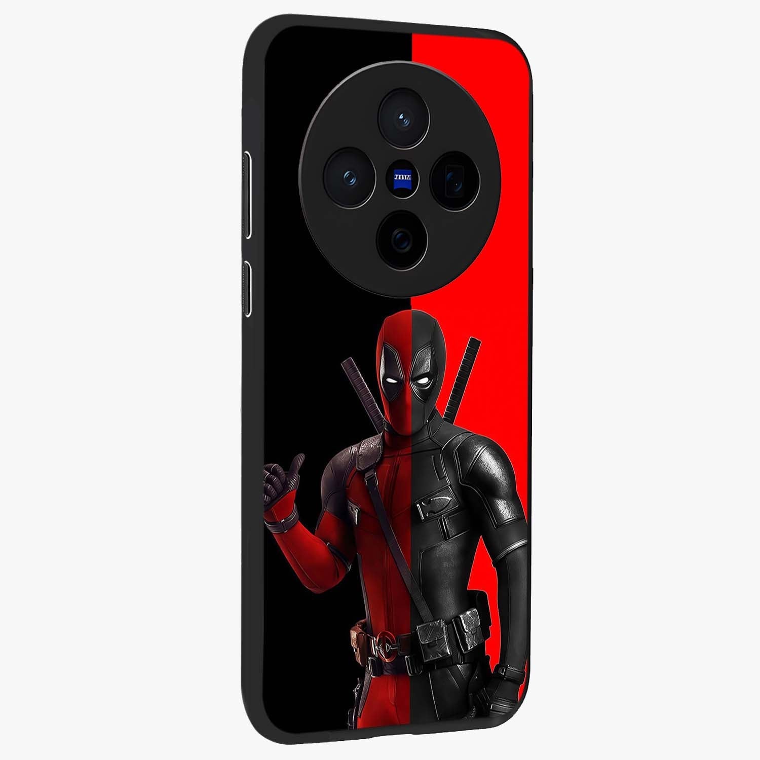 Red & Black Deadpool Theme Glass Case upright view showcasing energetic comic themed artwork with striking red and black design.