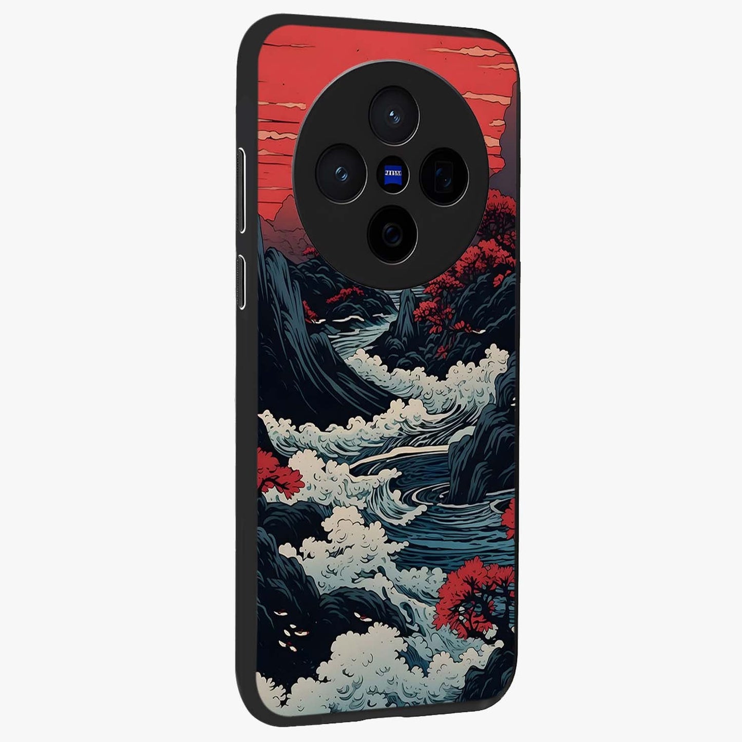 Red Sunset Scenery Glass Case upright view showcasing dramatic sunset scenery artwork with warm nature theme.