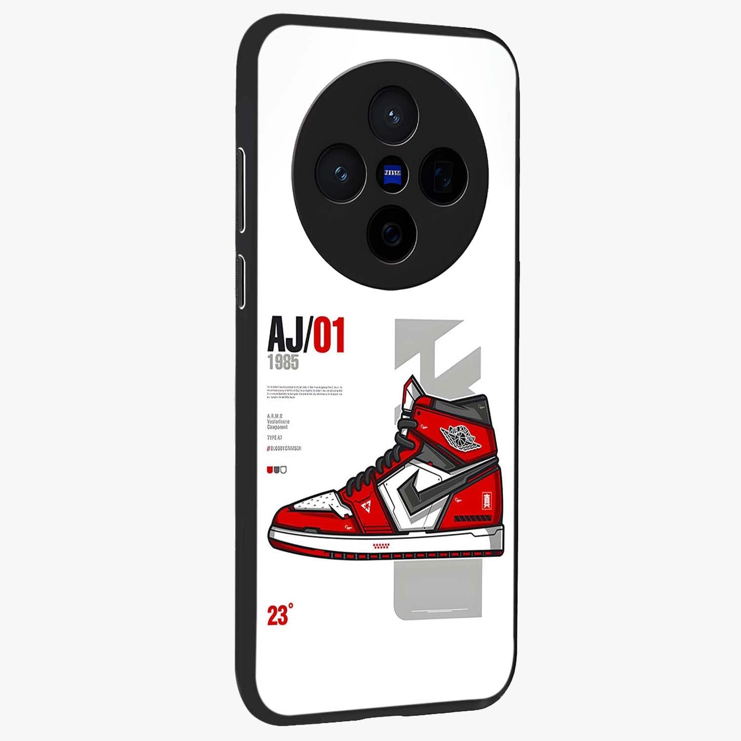 Retro Sneaker Blueprint Glass Case upright view showcasing stylish sneaker illustration with vintage streetwear theme.