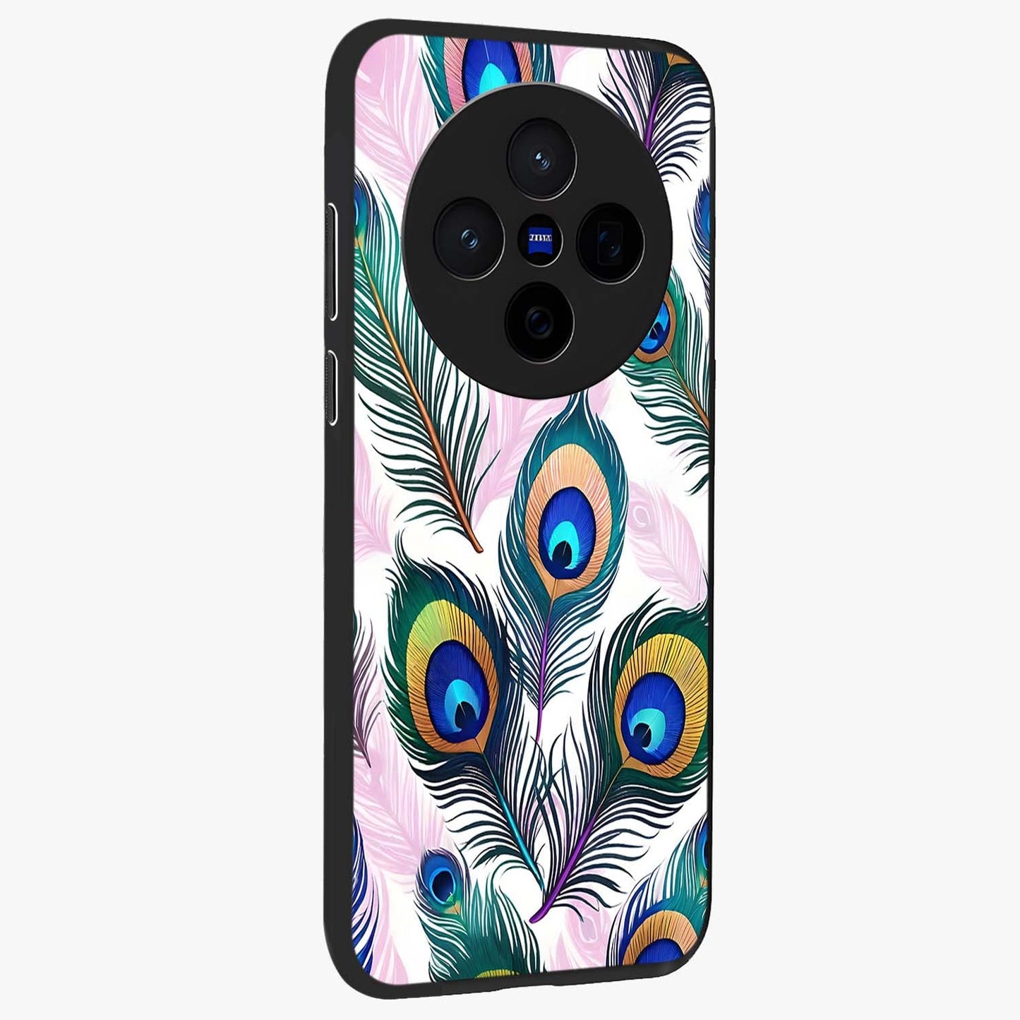 Royal Peacock Feathers Glass Case upright view showcasing elegant peacock feather artwork with decorative royal theme.