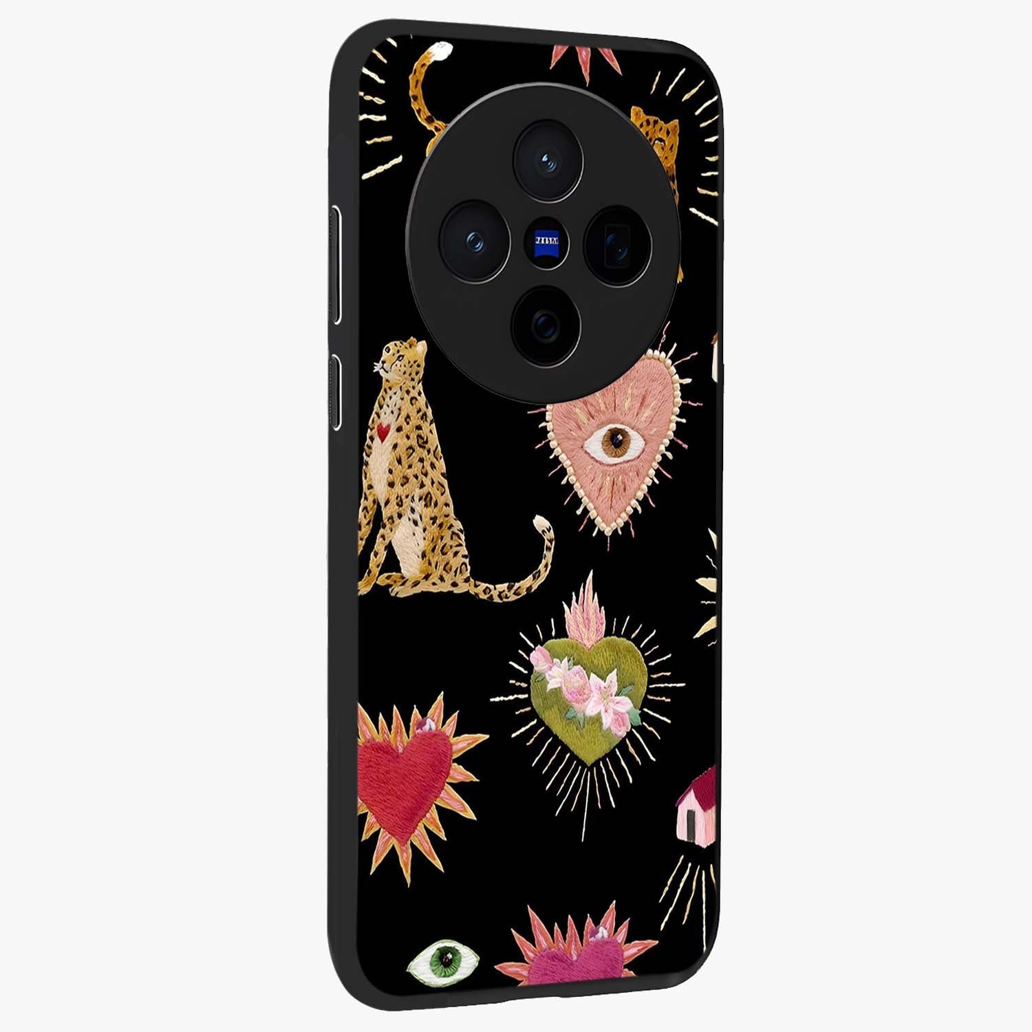 Sacred Jungle Heart Glass Case upright view showcasing vibrant jungle artwork with symbolic heart theme.