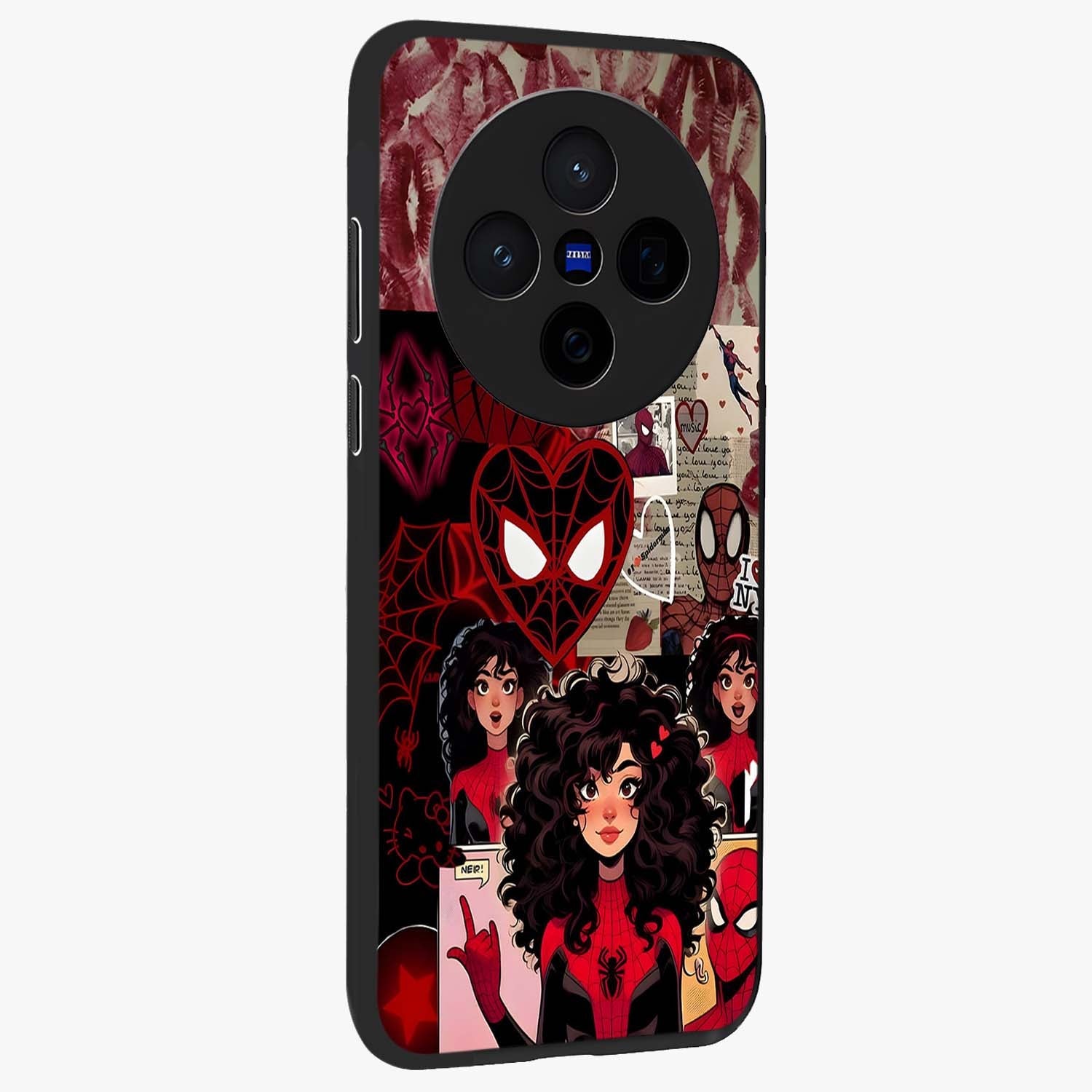 Spider Love Story Glass Case upright view showcasing charming superhero artwork with romantic comic theme.