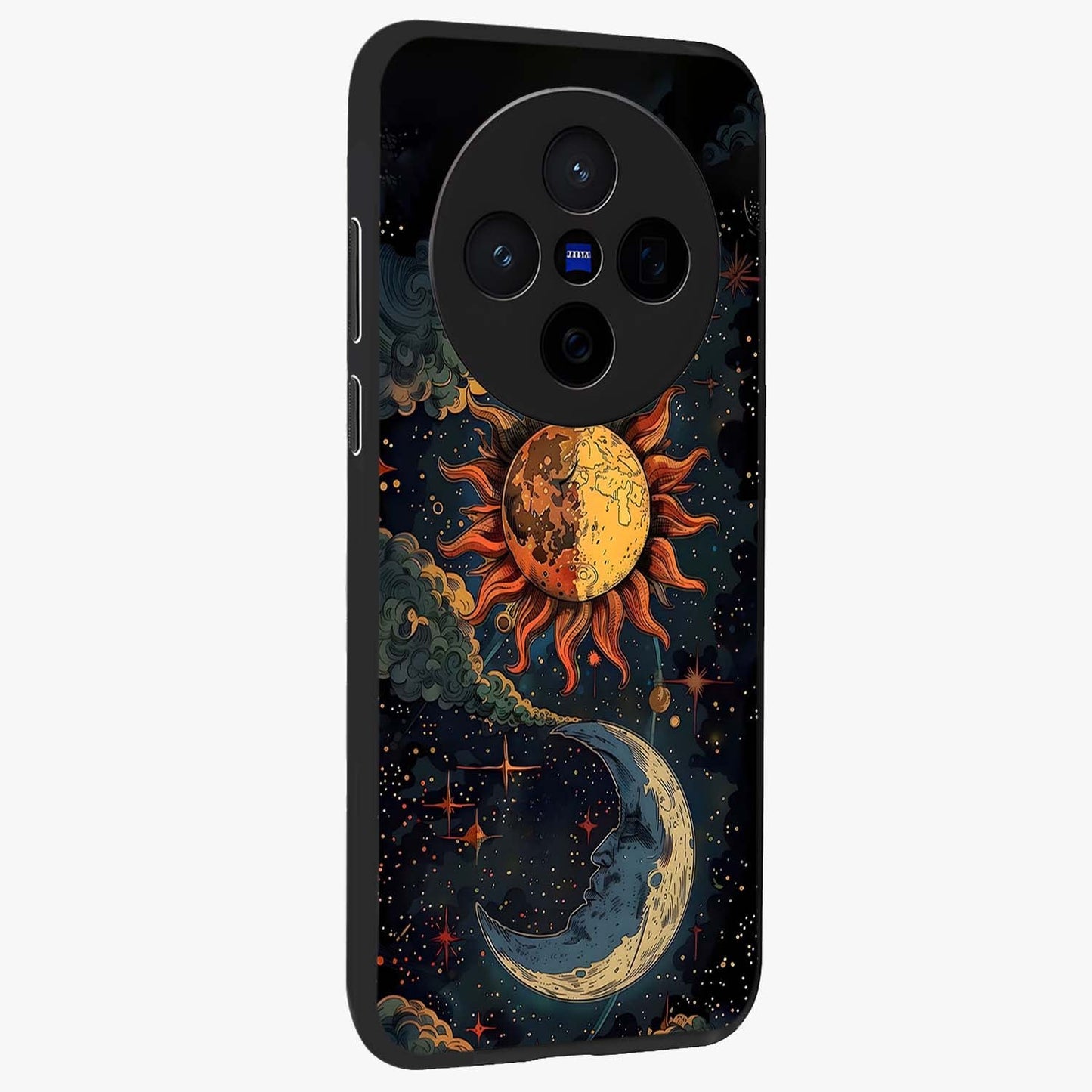 Sun And Moon Magic Design Glass Case upright view showcasing decorative sun and moon artwork with spiritual celestial theme.