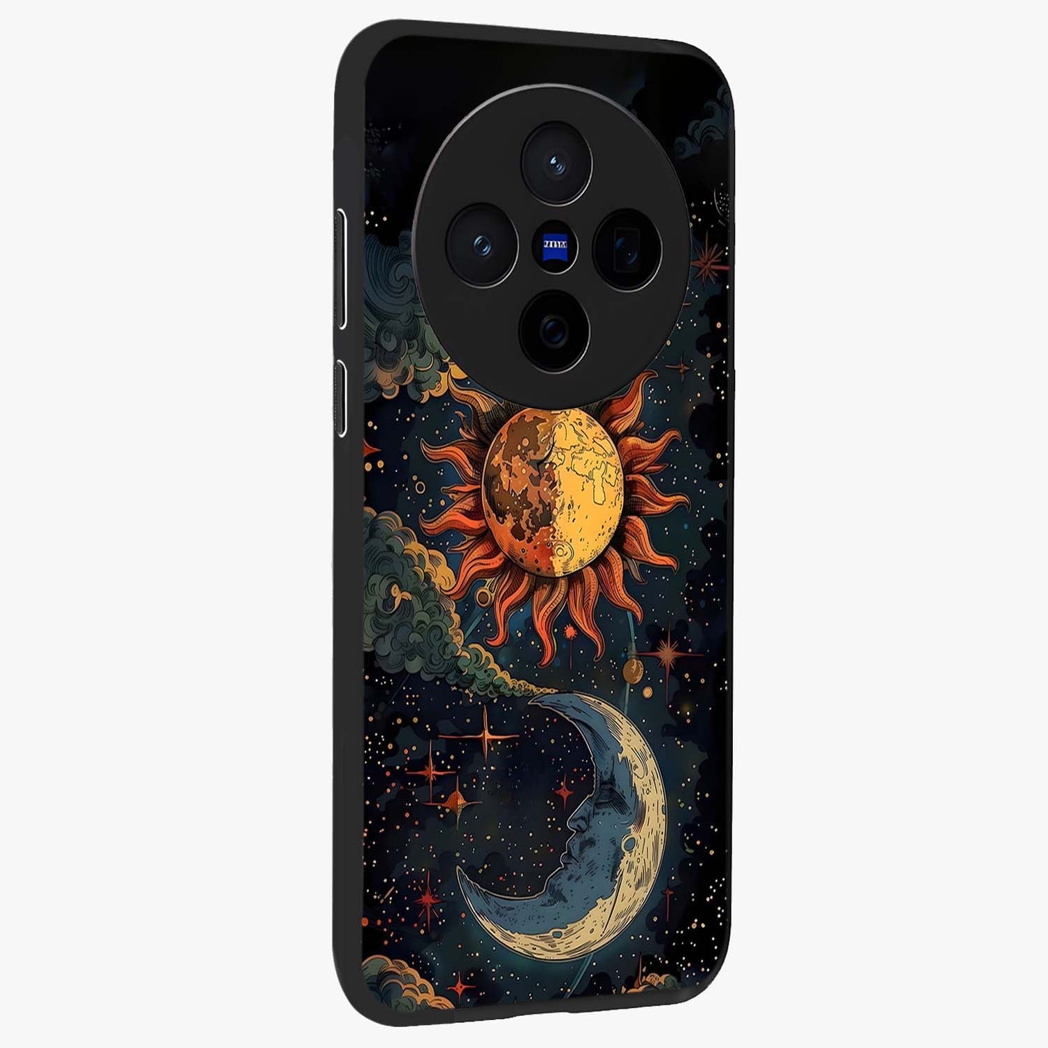 Sun And Moon Magic Design Glass Case upright view showcasing decorative sun and moon artwork with spiritual celestial theme.