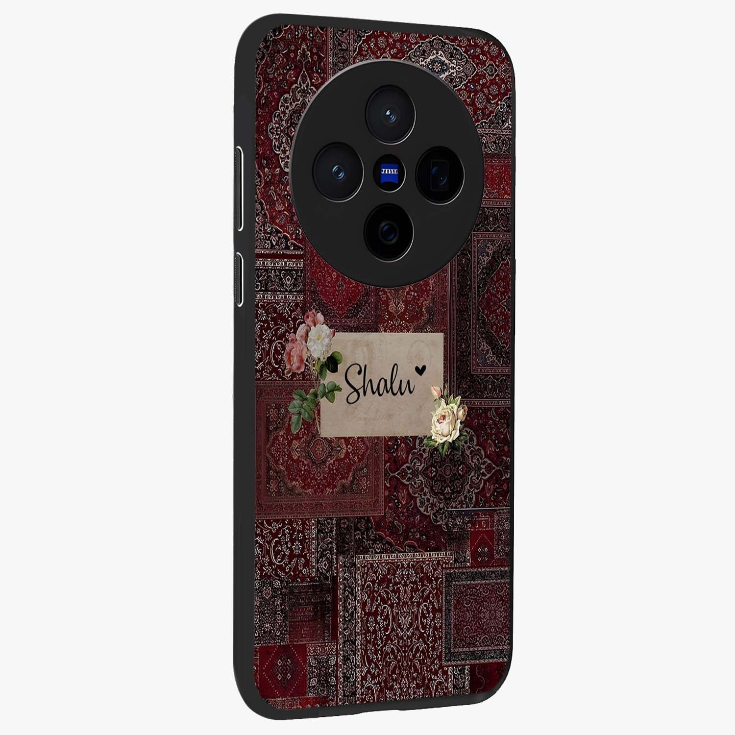 Velvet Wine Pattern Custom Name Glass Case upright view showcasing luxurious wine toned artwork with personalized aesthetic.