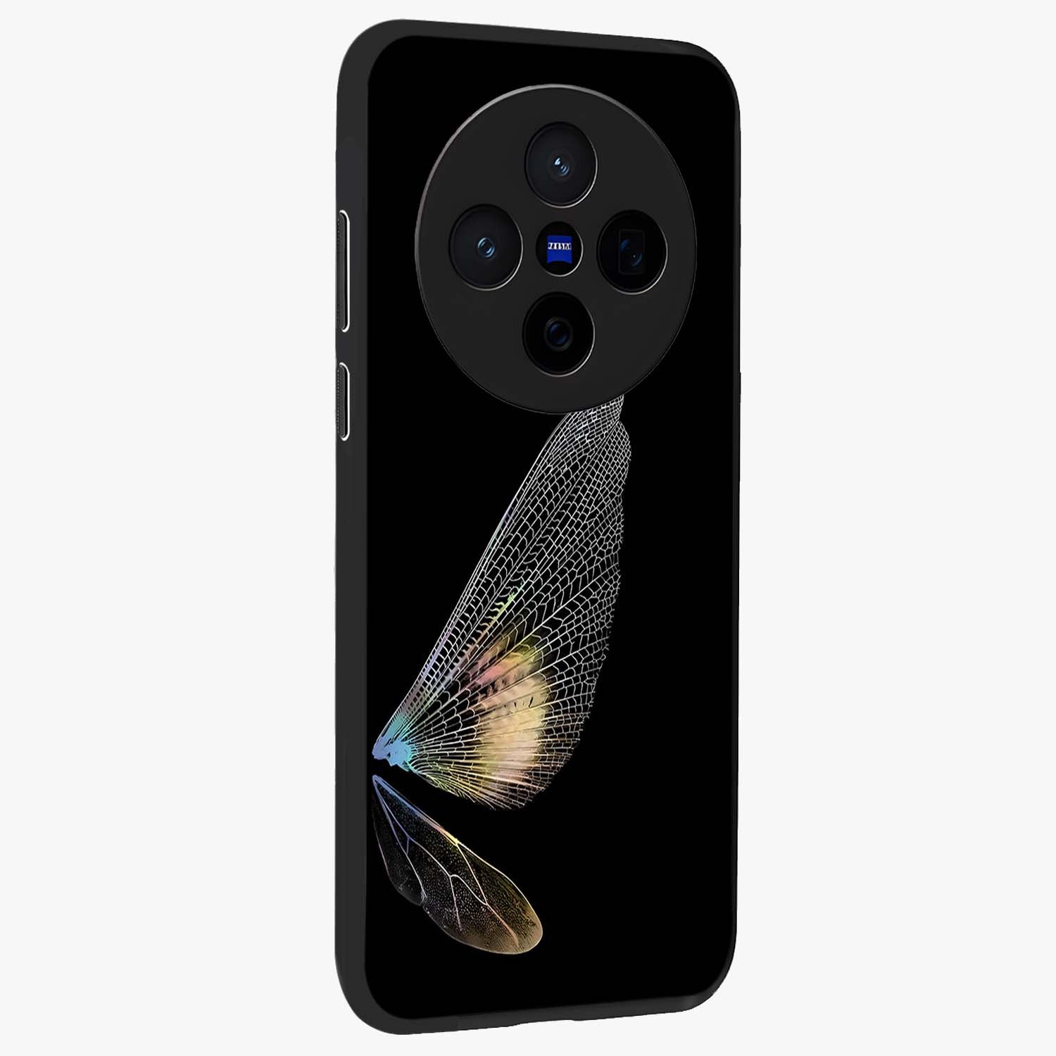 Whispers Of Wings Glass Case upright view showcasing elegant wing artwork with light airy theme.