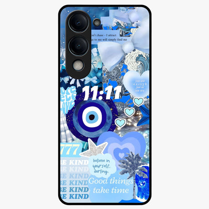 Aesthetic Be Kind Eye Glass Case showing flat back view with motivational eye artwork and glossy glass finish.