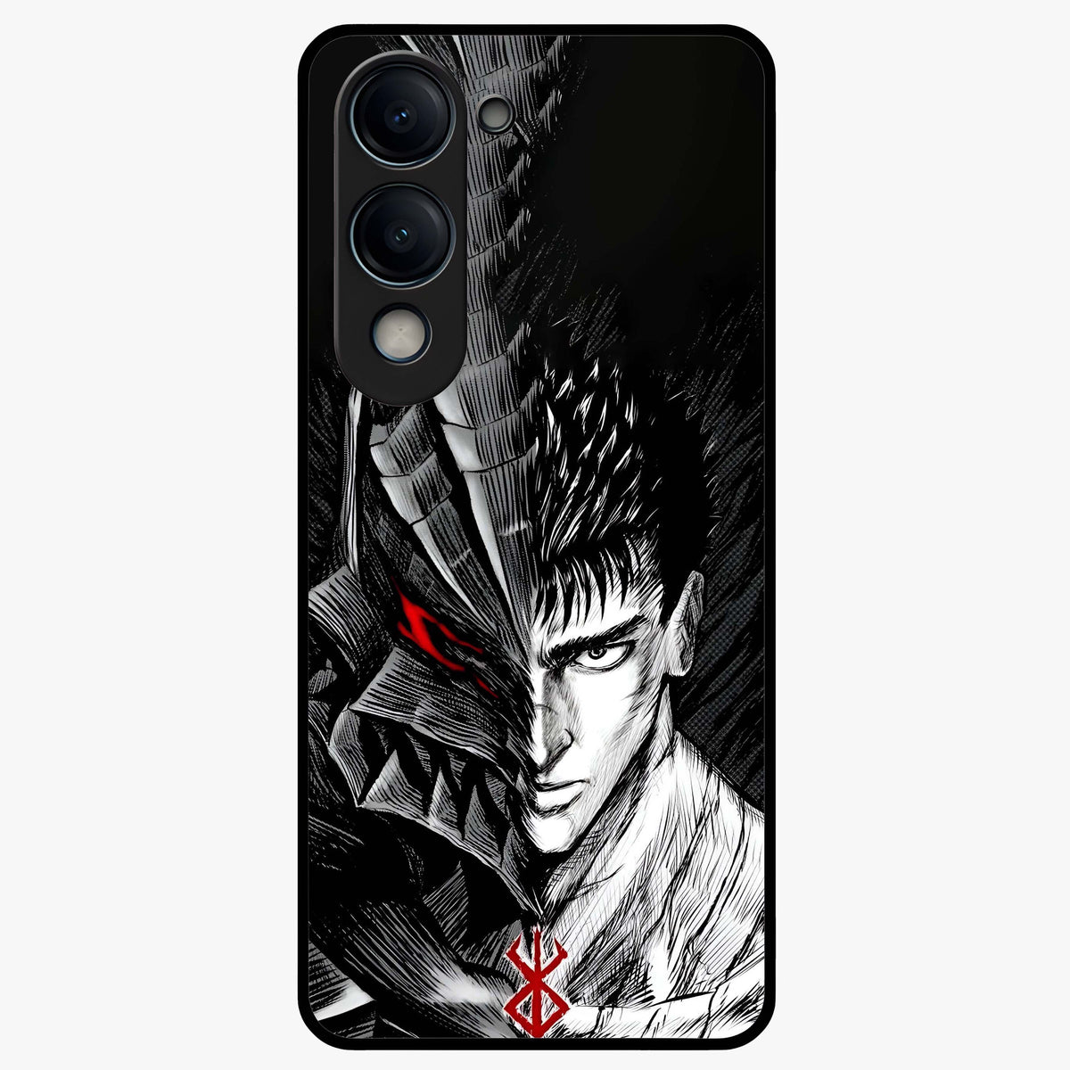 Berserker Blood Oath Glass Case showing flat back view with fierce warrior inspired artwork and glossy glass finish.