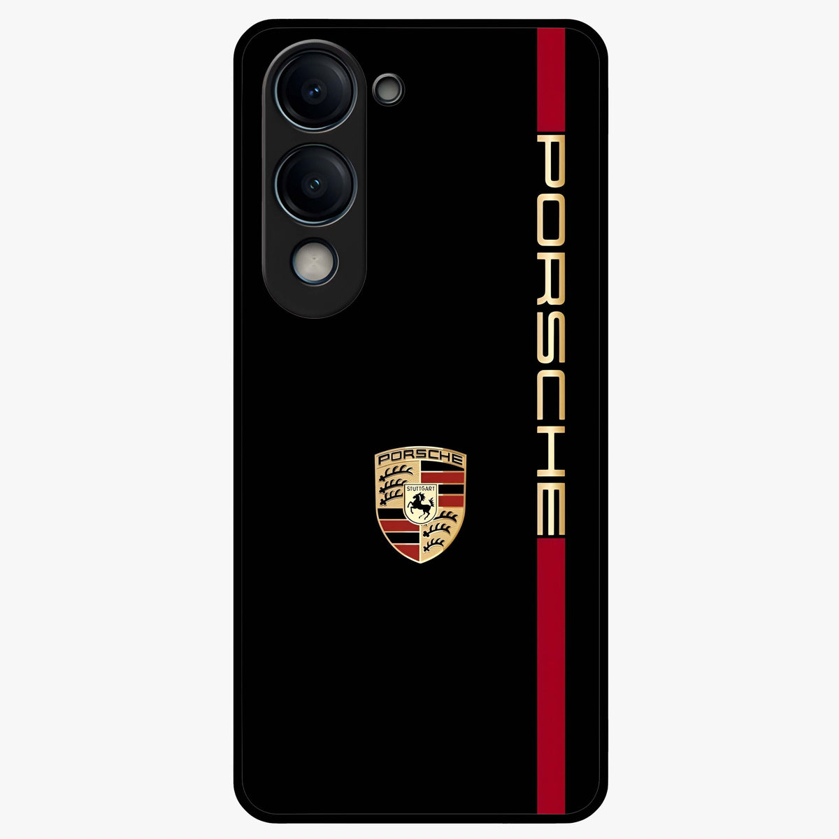 Black Minimal Porsche Glass Case showing flat back view with sleek minimal sports car artwork and glossy glass finish.