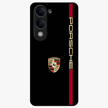Black Minimal Porsche Glass Case showing flat back view with sleek minimal sports car artwork and glossy glass finish.