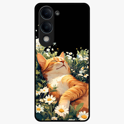 Blissful Bloom Cat Glass Case showing flat back view with cute cat and floral bloom artwork and glossy glass finish.
