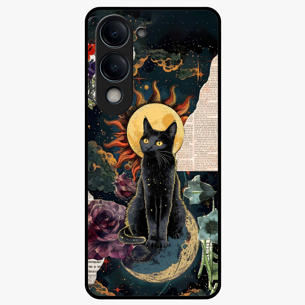 Celestial Black Cat Glass Case showing flat back view with mystical black cat artwork and glossy glass finish.