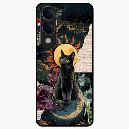 Celestial Black Cat Glass Case showing flat back view with mystical black cat artwork and glossy glass finish.