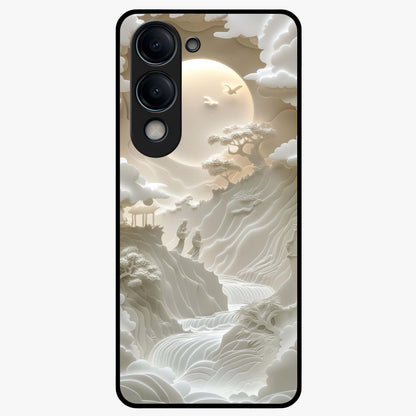 Celestial Origami Glass Case showing flat back view with artistic origami inspired celestial artwork and glossy glass finish.