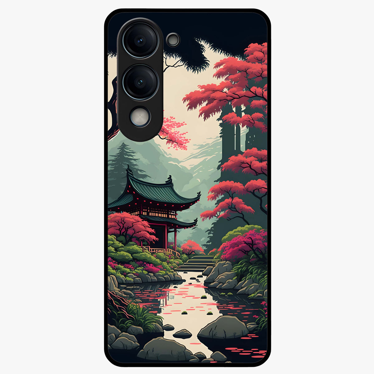 Crimson Temple View Glass Case showing flat back view with temple inspired artwork and glossy glass finish.