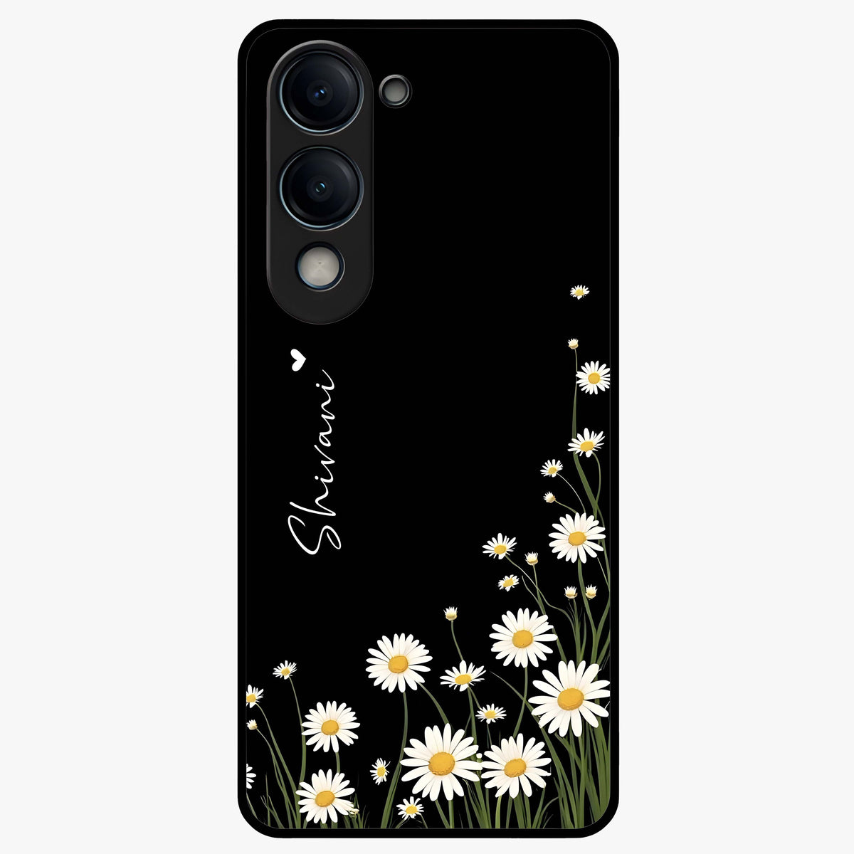 Daisy Cascade Custom Name Glass Case showing flat back view with cascading daisy flowers and personalized name design.