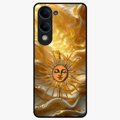 Eternal Golden Glow Glass Case showing flat back view with radiant golden themed artwork and glossy glass finish.