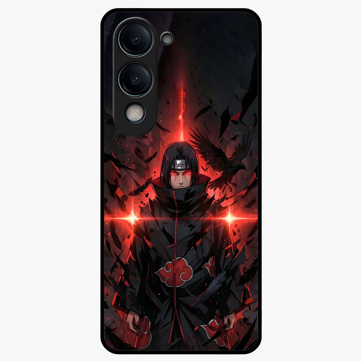Focused Blade Discipline Glass Case showing flat back view with warrior sword themed artwork and glossy glass finish.