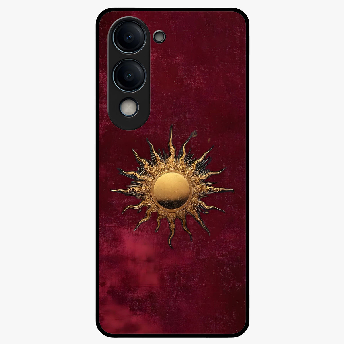 Gold Sun Blush Glass Case showing flat back view with golden sun inspired artwork and glossy glass finish.