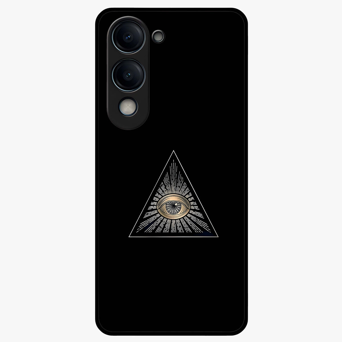 Illuminati Evil Glass Case showing flat back view with mysterious illuminati symbol artwork and glossy glass finish.