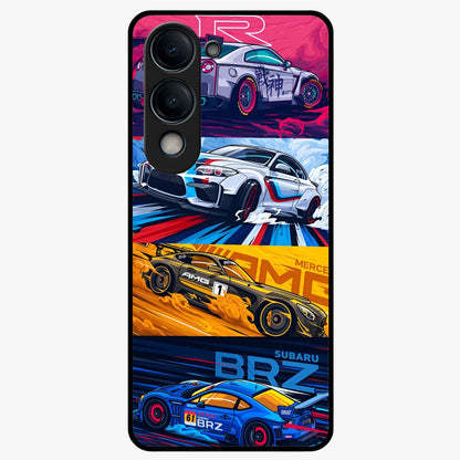 JDM Sports Car Glass Case showing flat back view with high performance sports car artwork and glossy glass finish.
