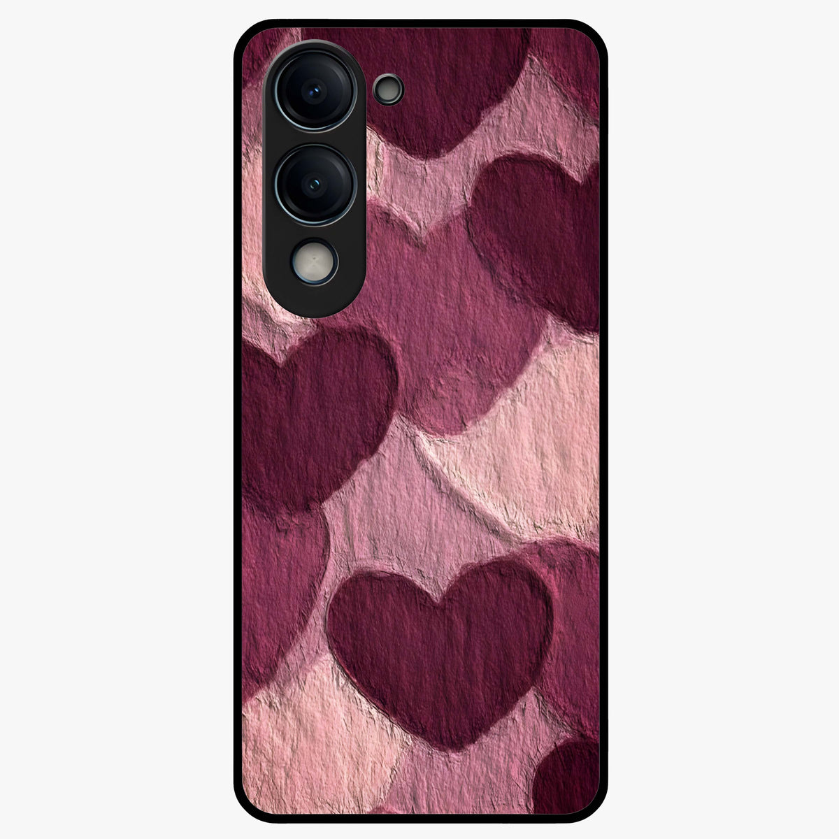 Layered Paper Hearts Glass Case showing flat back view with layered paper heart artwork and glossy glass finish.