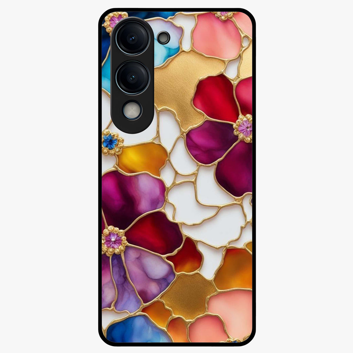 Marble Flower Pattern Glass Case showing flat back view with marble texture floral artwork and glossy glass finish.