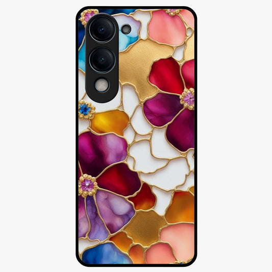 Marble Flower Pattern Glass Case showing flat back view with marble texture floral artwork and glossy glass finish.